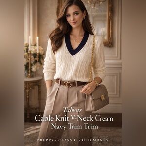 Talbots Cream Cable Knit V-Neck Sweater Navy Trim Preppy Coastal Chic SP Luxury